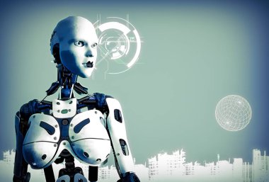 Grafik stili karşı karşı stilize distopik fütüristik cityscape ayarla bir kadın cyborg robot resmi. Alanı metin kopyalamak için.