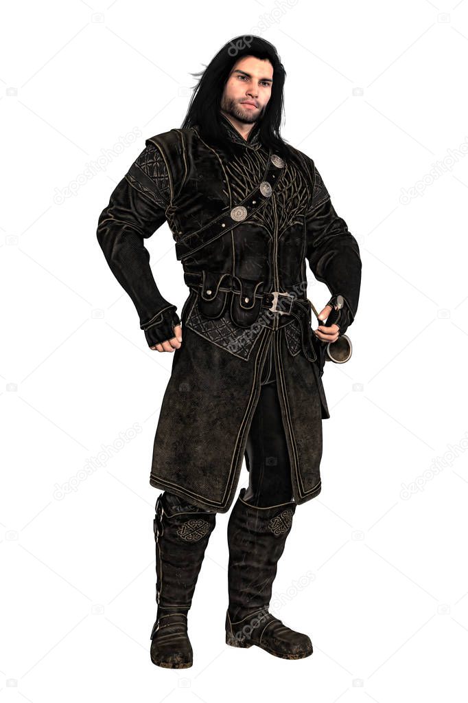 3D digital rendering of a male fantasy medieval ranger or nobleman. Particularly suited to book cover art and design in the historical and highlander romance, fantasy, elven genres. Isolated on a white background. One of a series.