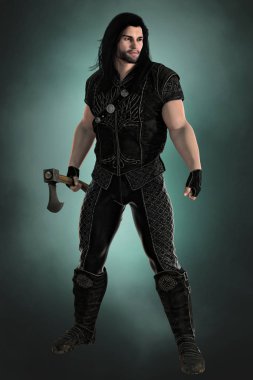 3D dijital işleme bir erkek fantezisi Ortaçağ ranger veya soylu bir balta bıçak'ın elinde. Kitap örtmek sanat ve tasarım tarihi ve highlander romantizm, fantezi, Elf türler için özellikle uygun. Biri bir dizi.