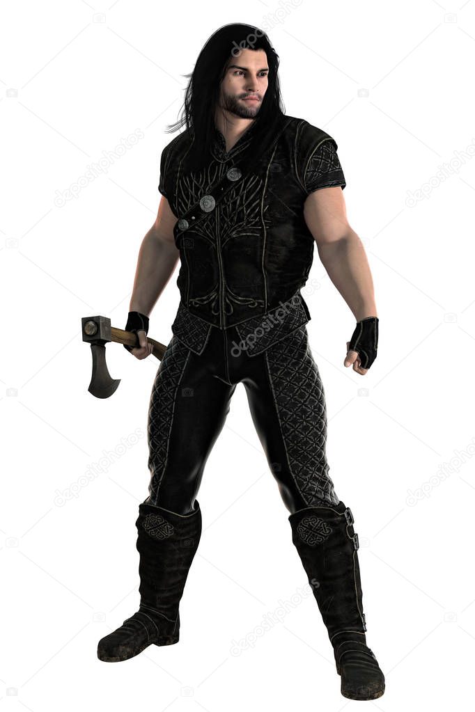 3D digital rendering of a male fantasy medieval ranger or nobleman holding an axe blade weapon. Particularly suited to book cover art and design in the historical and highlander romance, fantasy, elven genres. Isolated on a white background. One of a