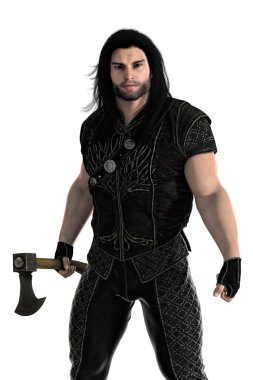 3D dijital işleme bir erkek fantezisi Ortaçağ ranger veya soylu bir balta bıçak'ın elinde. Kitap örtmek sanat ve tasarım tarihi ve highlander romantizm, fantezi, Elf türler için özellikle uygun. Beyaz bir arka plan üzerinde izole. Biri bir