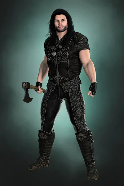 3D dijital işleme bir erkek fantezisi Ortaçağ ranger veya soylu bir balta bıçak'ın elinde. Kitap örtmek sanat ve tasarım tarihi ve highlander romantizm, fantezi, Elf türler için özellikle uygun. Biri bir dizi.