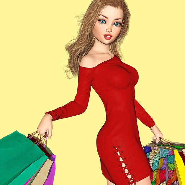 Графический стиль иллюстрации милой молодой улыбающейся женщины, держащей сумки с покупками
.