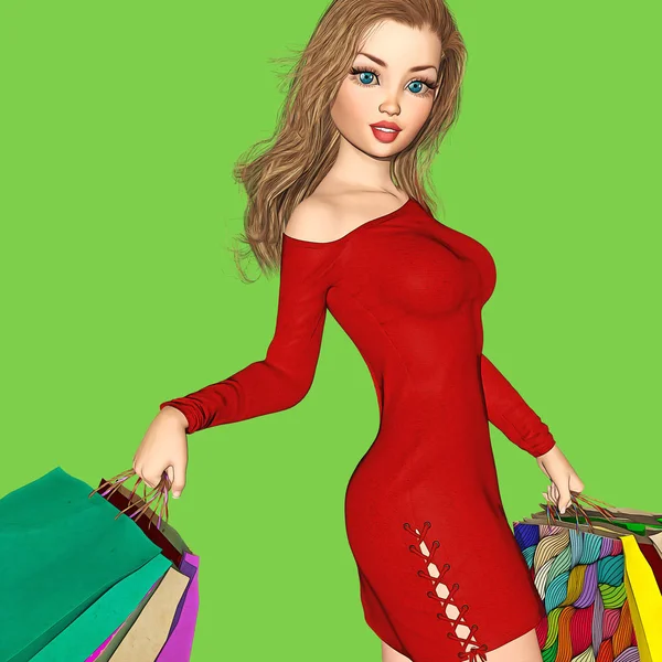 Eine Grafische Illustration Einer Schönen Jungen Lächelnden Frau Mit Einkaufstaschen — Stockfoto