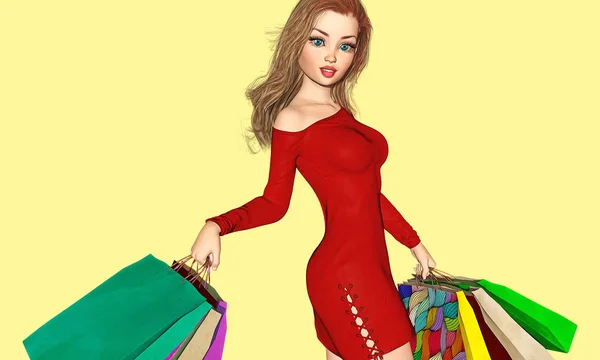 A graphic style illustration of a cute young smiling woman holding shopping bags. Space for copy. One of a series. Yellow background.