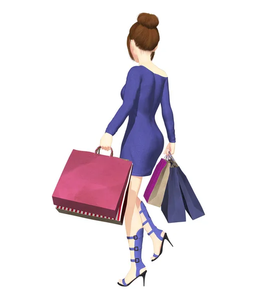 Illustration Von Der Rückseite Einer Jungen Lächelnden Frau Mit Einkaufstaschen — Stockfoto