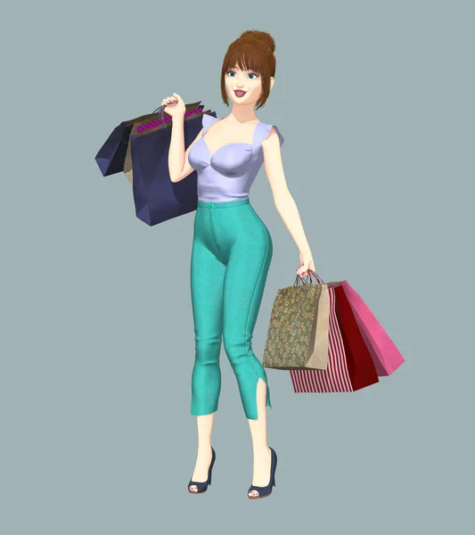 Illustration Pretty Young Smiling Woman Holding Shopping Bags One Series — Stock Photo, Image