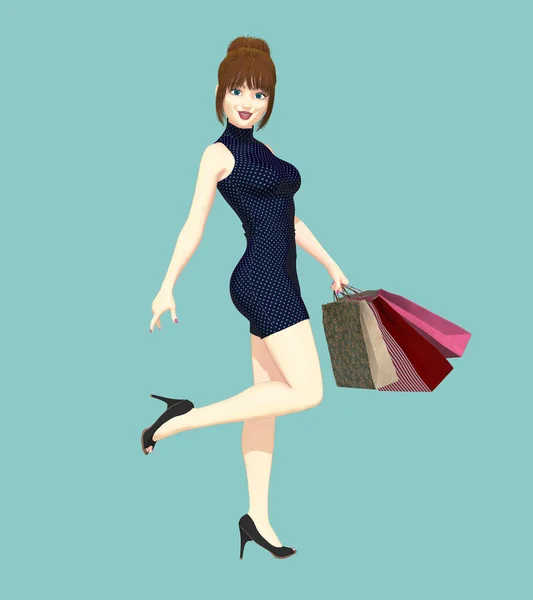 Illustration Beautiful Young Smiling Woman Holding Shopping Bags One Series — Stock Photo, Image