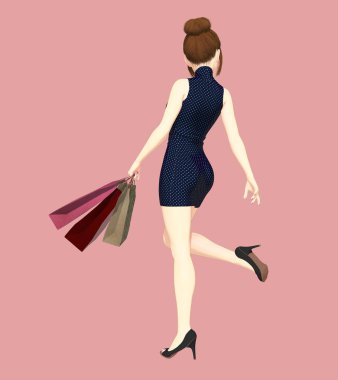 Arka görünümü alışveriş torbaları tutan bir çok genç gülümseyen kadın Illustration. Biri bir dizi. Sevimli ve seksi kitap kapak resmi yanı sıra bir diğer tasarım kullanım alanına için idealdir.