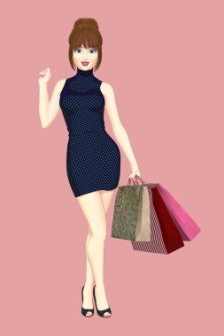 Güzel bir genç gülümseyen kadın alışveriş torbaları tutan Illustration. Biri bir dizi. Sevimli ve seksi kitap kapak resmi yanı sıra bir diğer tasarım kullanım alanına için idealdir. 
