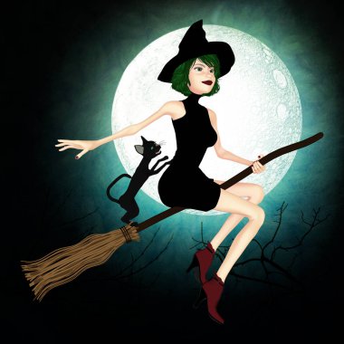 Bir süpürge ile onu kedi üzerinde uçan bir genç cadı Illustration. Tasarım geniş bir yelpazesi için uygun, özellikle rahat cadı gizemli kitap örtmek sanat. Biri bir dizi.