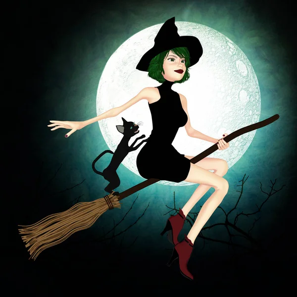 Illustration Young Witch Flying Broom Her Cat Suitable Wide Range — Stock Photo, Image