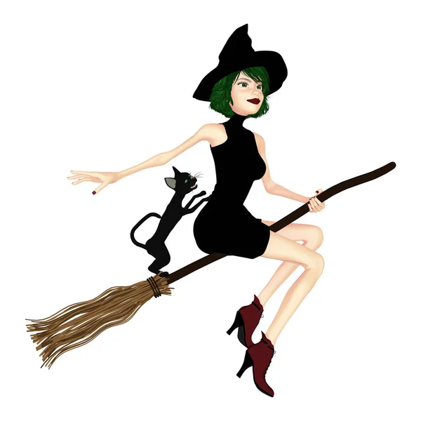 Illustration Young Witch Flying Broom Her Cat Suitable Wide Range — Stock Photo, Image