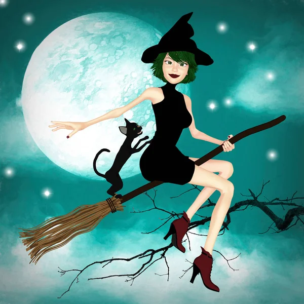 Illustration Cute Witch Flying Broom Her Cat Set Moonlit Sky — Stock Photo, Image