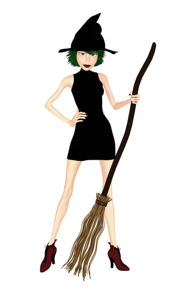 Illustration Cute Witch Holding Broom Serious Look Her Face Suitable — Stock Photo, Image