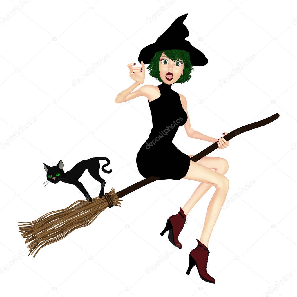 Illustration of a cute shocked witch flying on a broom with her cat. Suitable for a wide range of design, in particular Cozy Witch Mystery book cover art. One of a series. Isolated on a white background.