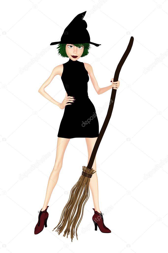 Illustration of a cute witch holding a broom with a serious look on her face. Suitable for a wide range of design, in particular Cozy Witch Mystery book cover art. One of a series. Isolated on a white background.