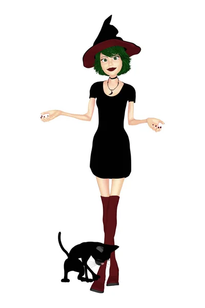 Illustration Cute Witch Her Arms Outstretched Her Cat Suitable Wide — Stock Photo, Image