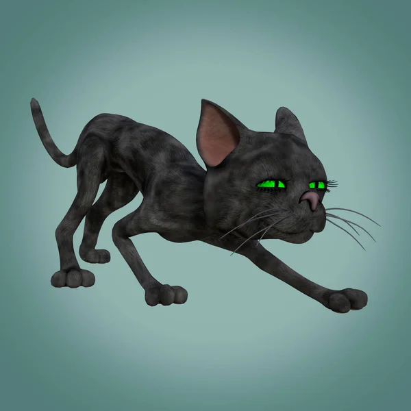 3D cartoon style black cat with green eyes. Ideal a wide range of design uses but particularly suited to Cozy Witch Mystery book cover art and design. One of a series. Isolated on a white background.