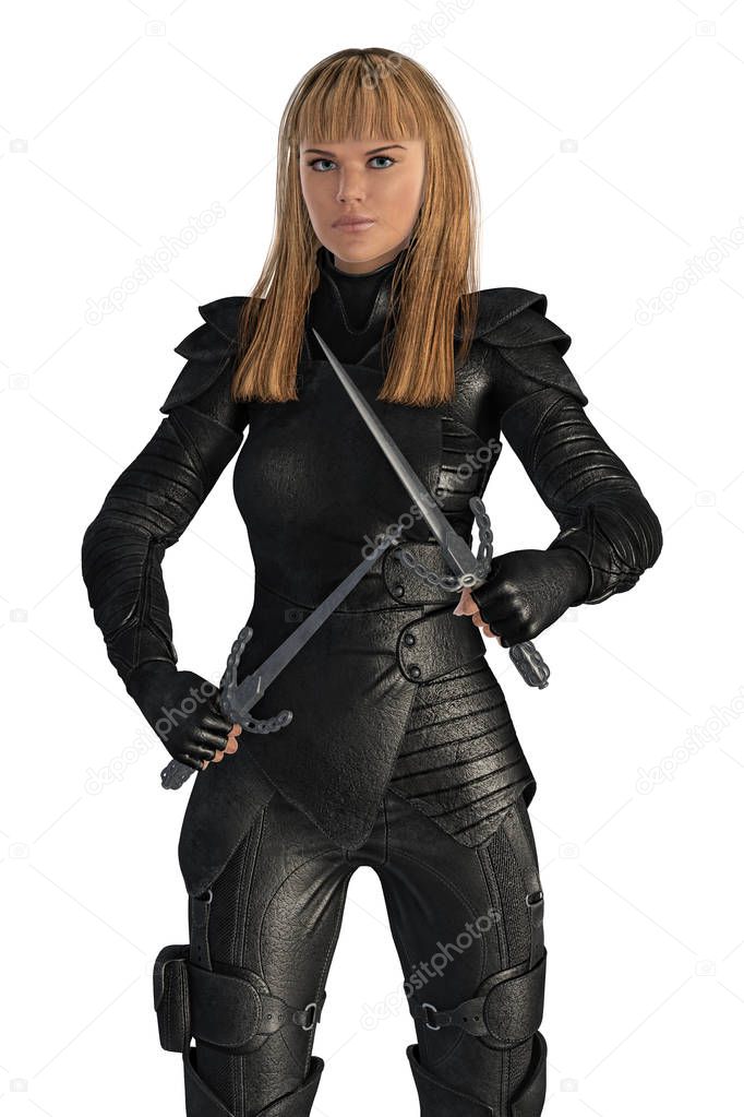 Beautiful blonde woman sci-fi urban fantasy style warrior holding blades. Rendered in a softer illustrative style particularly suited to book cover art and design. One of a series. Isolated on a white background.