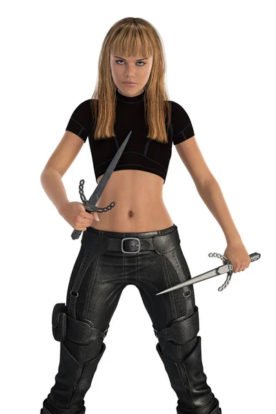 Beautiful Blonde Female Sci Urban Fantasy Style Warrior Holding Blades — Stock Photo, Image