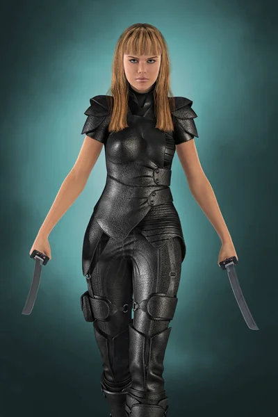 美丽的金发女性科幻城市幻想风格的战士拿着一对卡塔纳剑 以更柔和的说明风格呈现 特别适合书籍封面艺术和设计 系列中的一个 — 图库照片