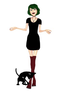 Küçük bir siyah elbise sevimli grafik Gotik stili kadında Illustration. At ayakları siyah kedisinin olmasıdır. Biri bir dizi. Beyaz bir arka plan üzerinde izole.