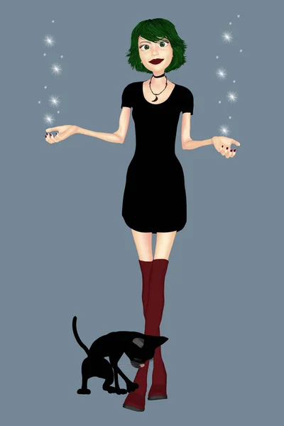 Illustration Cute Graphic Gothic Style Woman Little Black Dress Her — Stock Photo, Image