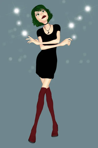 Illustration Cute Graphic Gothic Style Woman Little Black Dress One — Stock Photo, Image