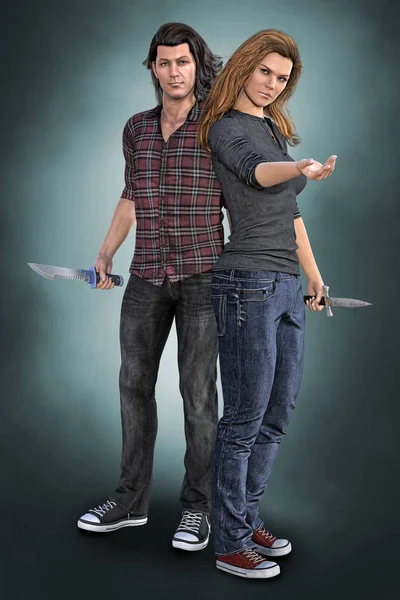 Urban Fantasy Style Man and Woman with Blades