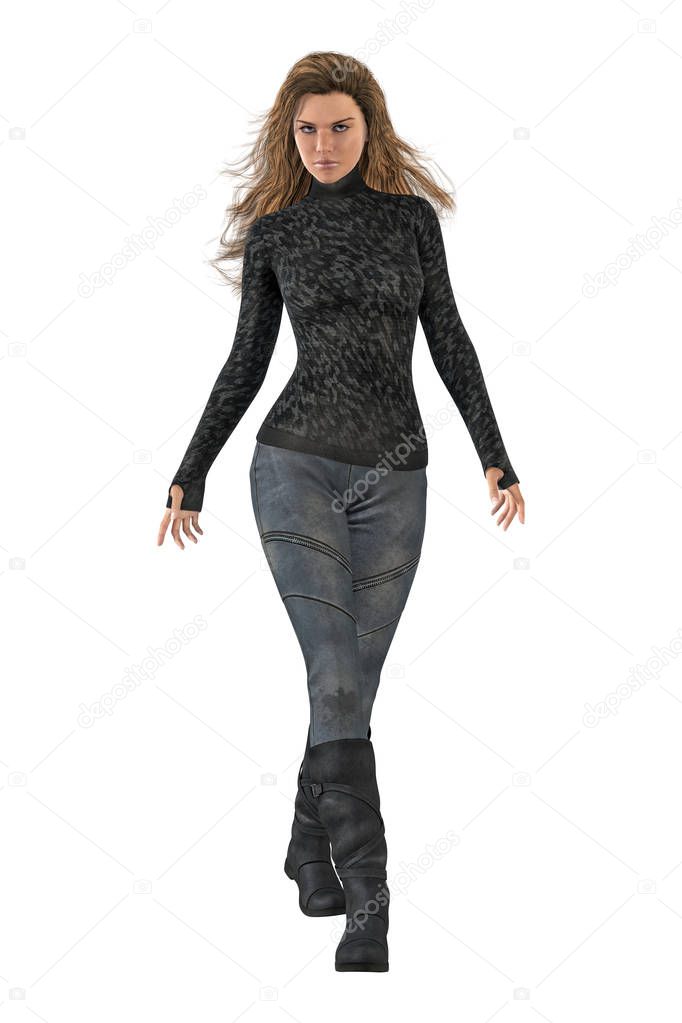 Isolated on a white background 3D illustration of a beautiful urban fantasy woman walking with her arms outstretched. Particularly suitable for ebook and book cover design work.