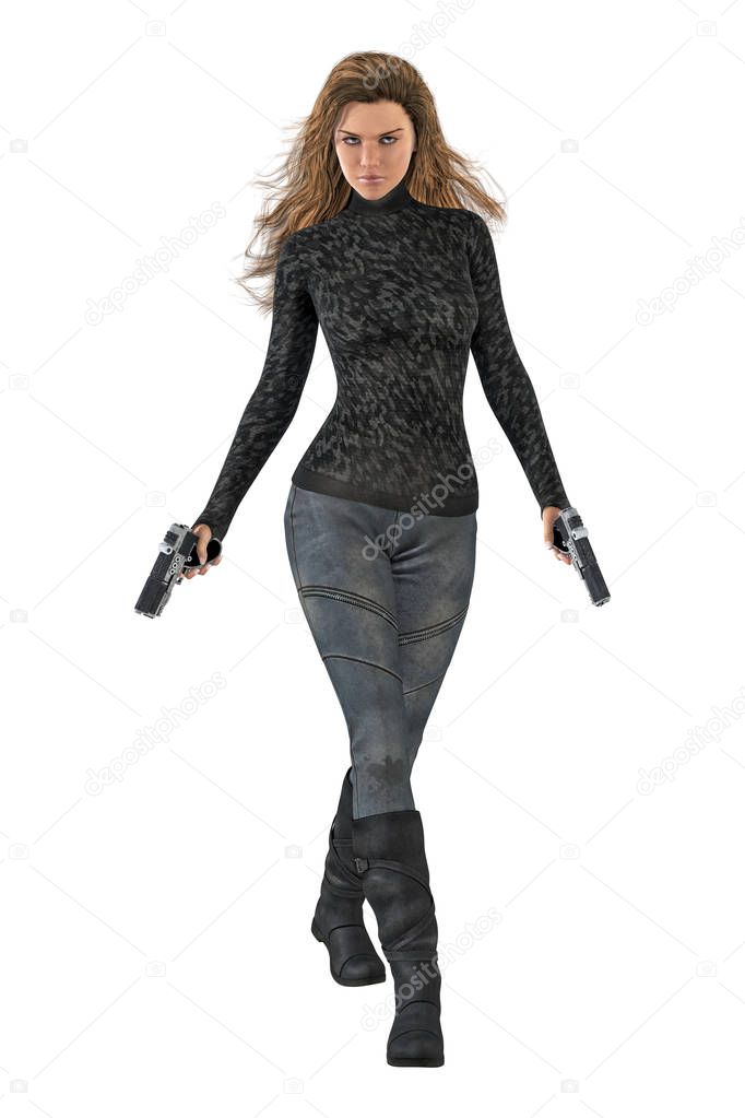 Beautiful powerful woman assassin holding two guns isolated on white background. Futuristic or post apocalyptic in style and also suited to urban fantasy themes.