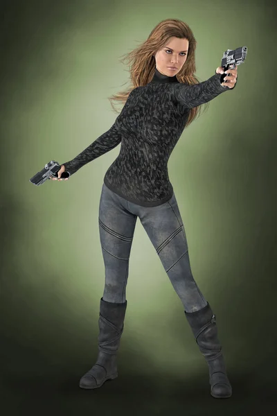 Mulher poderosa bonita segurando duas armas em pose de tiro — Fotografia de Stock