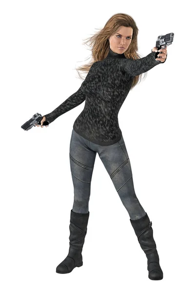 Hermosa mujer poderosa sosteniendo dos armas de fuego en pose de disparo aislado sobre un fondo blanco . — Foto de Stock