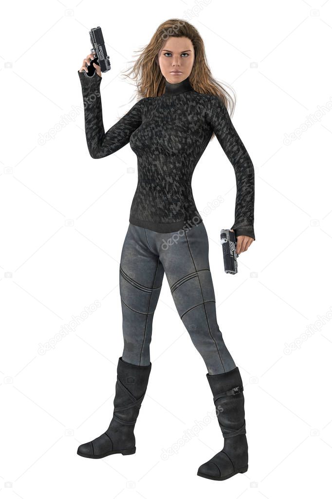 Beautiful 3D woman holding two guns in a ready for action pose i