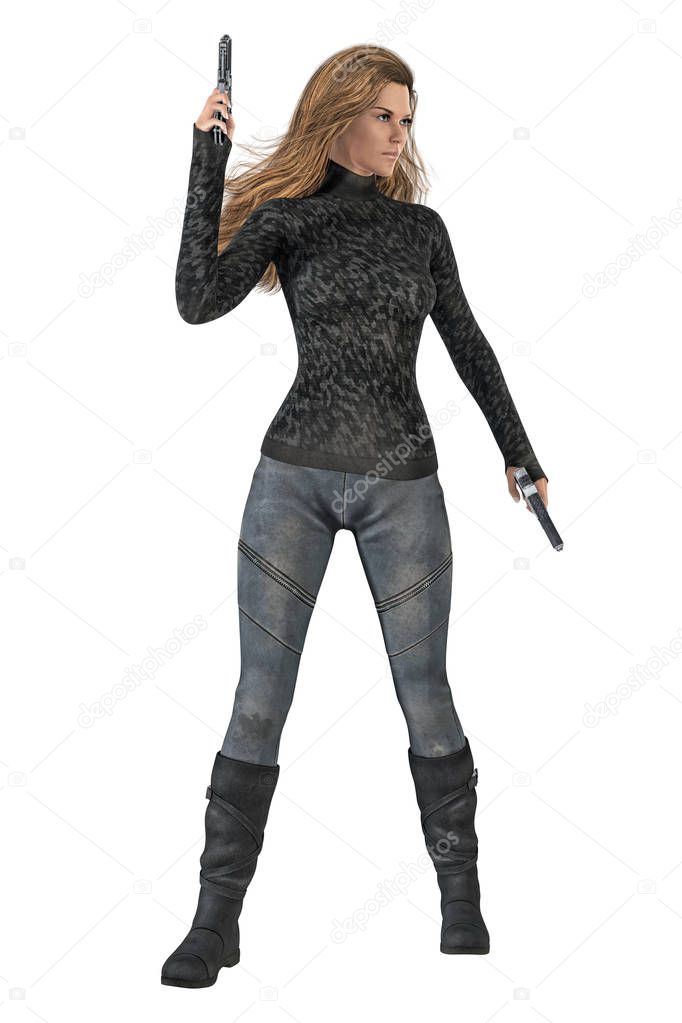 Strong assertive woman holding two guns in a ready for action po