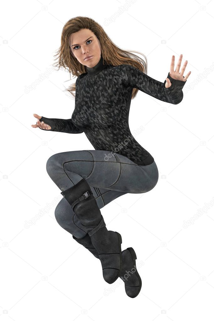 Beautiful 3D woman in jumping urban fantasy pose isolated on white background