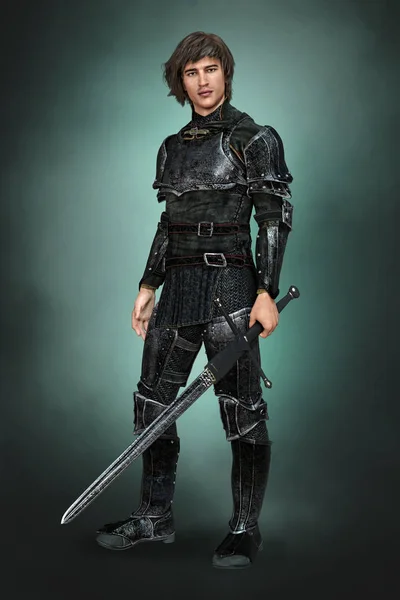 Render Handsome Medieval Knight in Black Armor Armour — Stock Photo, Image