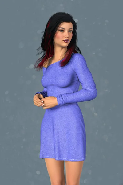 Eine Darstellung Der Schönen Dunkelhaarigen Frau Lila Blauem Kleid Besonders — Stockfoto