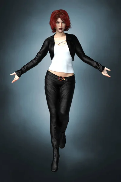 Representación de una mujer de fantasía urbana elevándose en el aire en una pose extendida de brazos mágicos —  Fotos de Stock