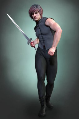 Bir kılıç tutan yakışıklı bir kentsel fantezi adam render