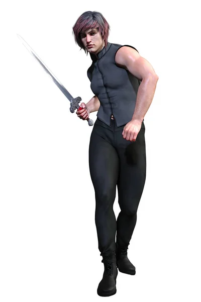 Isolated render of a handsome urban fantasy man holding a sword — Stock Photo, Image