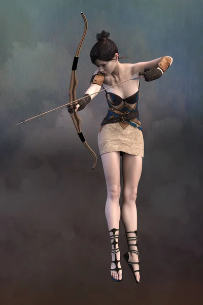 Render of a beautiful woman archer leaping into the air — Stock Photo, Image