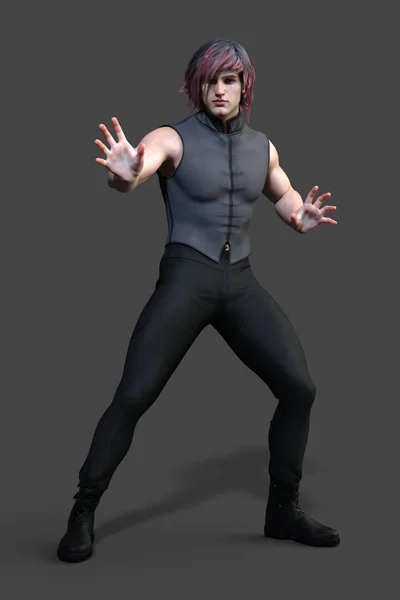Büyülü eylemde yakışıklı bir kentsel fantezi adam render poz