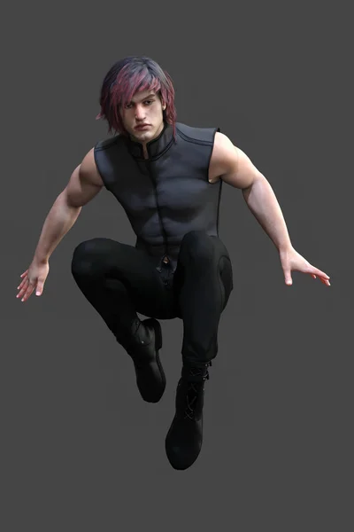 Render of an urban fantasy warrior leaping into the air