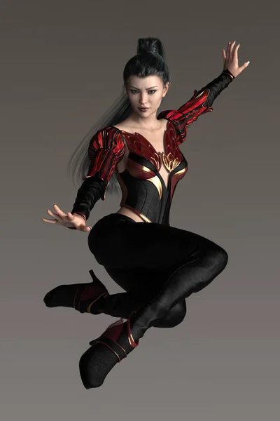 3D render of strong fantasy style woman leaping into the air in a magical style pose — Stock Photo, Image