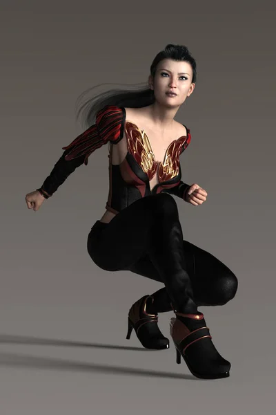 Render of a beautiful fantasy style woman warrior character in low crouched ready to leap pose — Stock Photo, Image