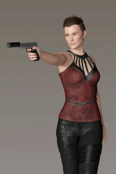 Bella sexy combattente donna 3D in pelle futuristica vestito in possesso di una pistola — Foto Stock