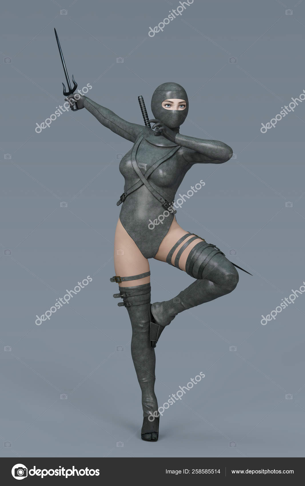 Un personnage assassin à capuchon féminin en 3D dans une pose de combat —  Photo de stock par ©MerryDesigns - 258585514, image size:1067x1700