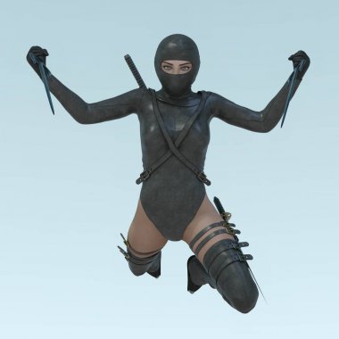 İki Sai bıçakları ile kapüşonlu kadın suikastçı Render